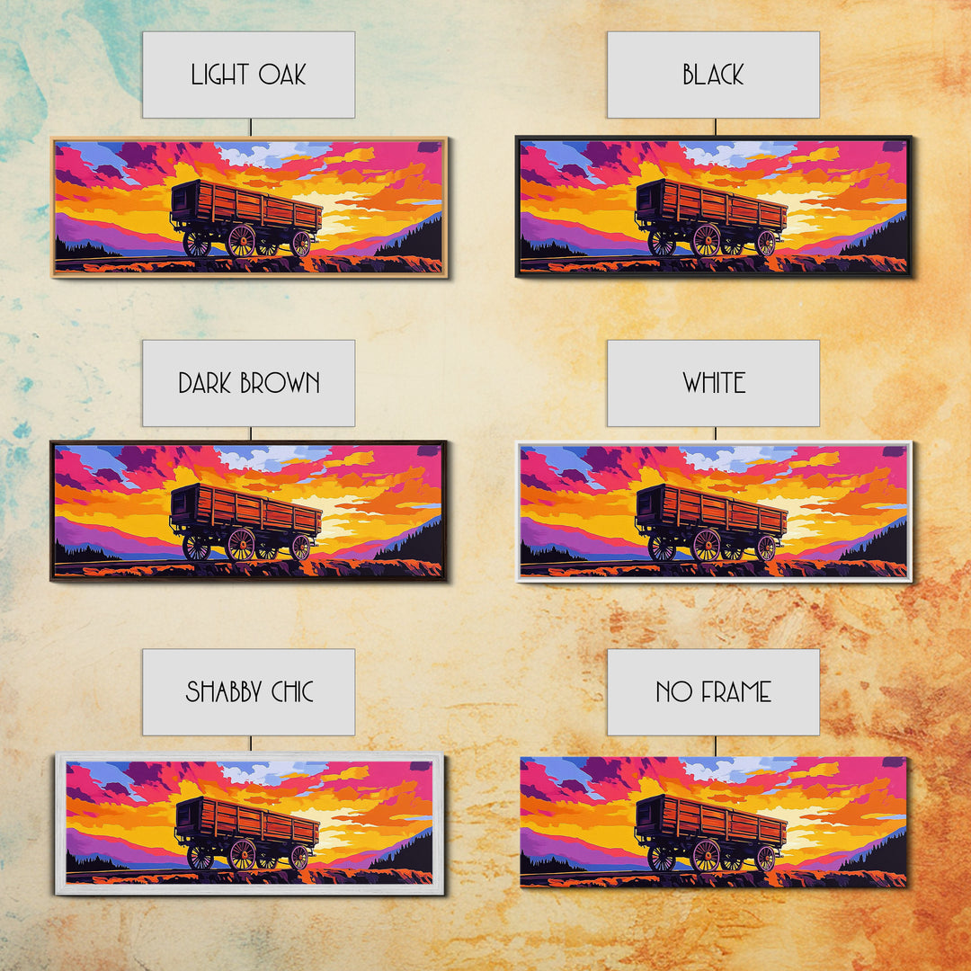 Sunset wagon, pink orange wall art, southwest wall art, geometric wall art, boho art, panoramic painting, framed canvas print, rustic decor
