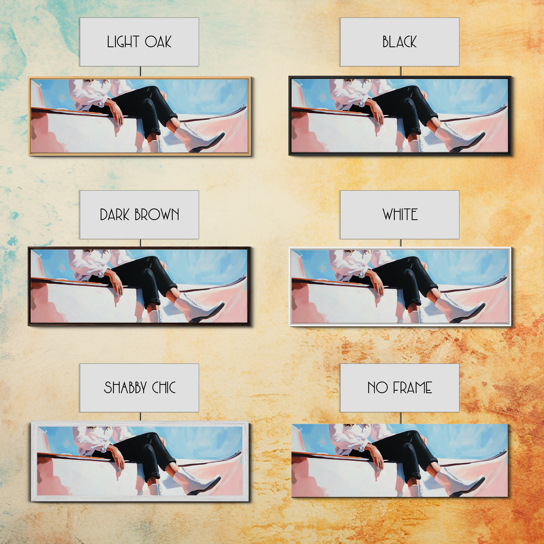 Coastal cowgirl, beach aesthetic, nautical decor, minimalist art, pastel painting, extra wide art, framed canvas print, surf wall art