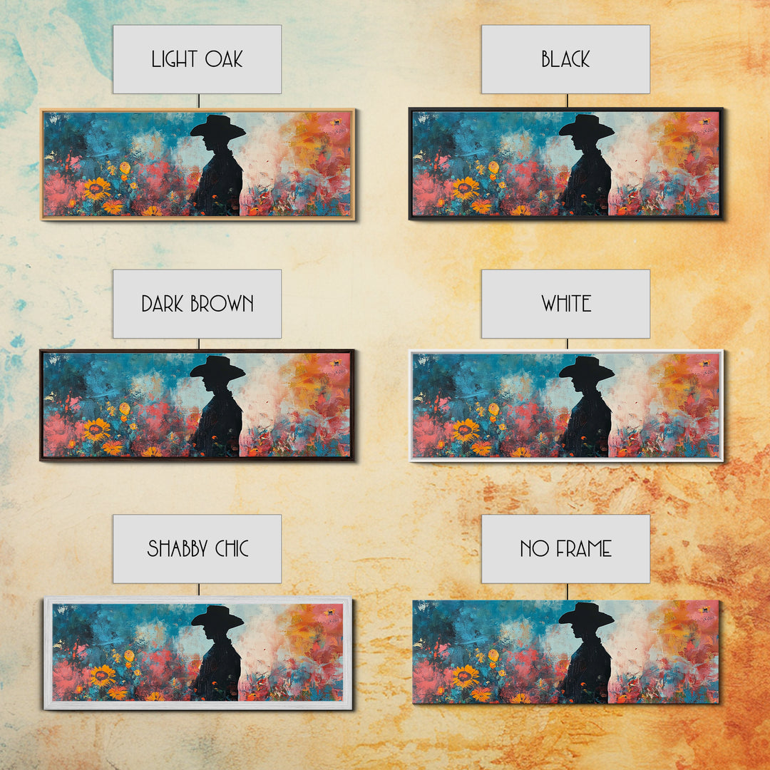 Black cowgirl painting, western decor, wildflower painting, boho art, extra wide art, framed canvas print, rustic decor, poppy wall art