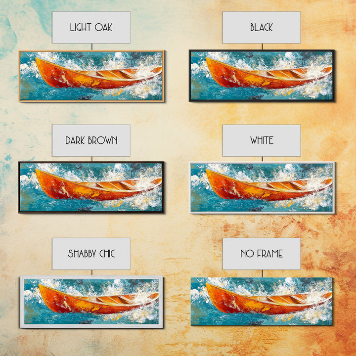 Boat in Waves, coastal wall art, nautical painting, extra wide horizontal art, ocean decor, farmhouse art, framed canvas print