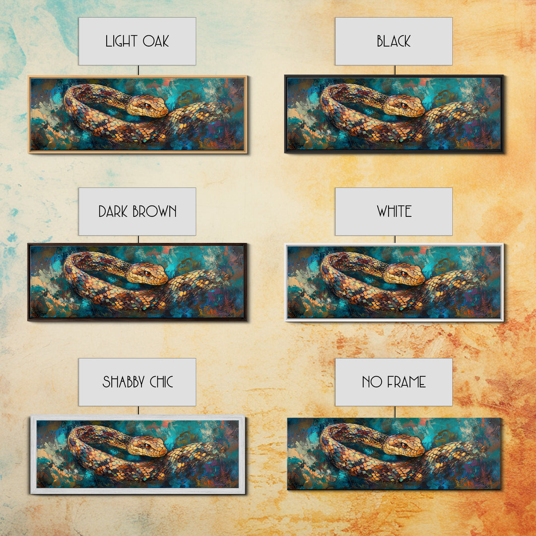 Coiled Serpent, moody art, snake painting, dark romance art, gothic decor, rustic wall art, panoramic wall art, framed canvas print