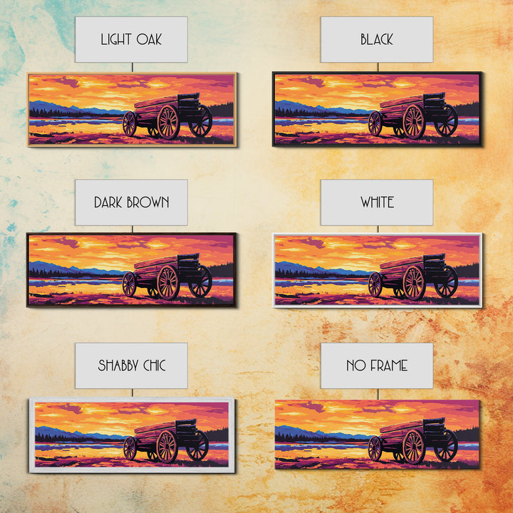 Sunset Wagon Painting, southwest wall art, boho art, Joshua tree art, rustic decor, warm tones, framed canvas print, extra wide art