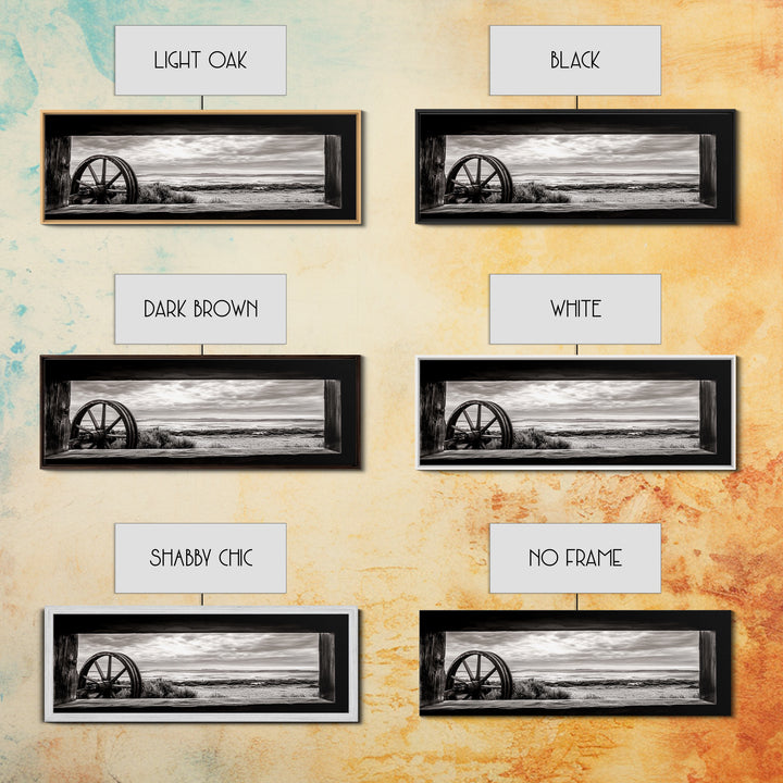 Black White Wagon, rustic decor, panoramic art, moody art, extra wide art, barn landscape oil painting, framed canvas print, living room art