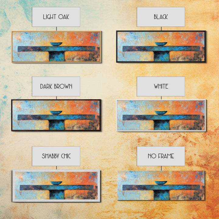 Blue Bowl, minimalist art, wabi sabi art, extra wide art, framed canvas print, sage green wall art, horizontal wall art, therapy art