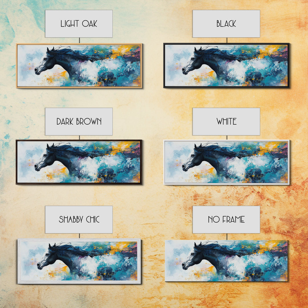Horse Wall Art, Framed Canvas Print, Extra Wide Art, Blue and Green Wall Art, Moody Art, Rustic Decor, Panoramic Art, Farmhouse Art, Gift Idea for Him