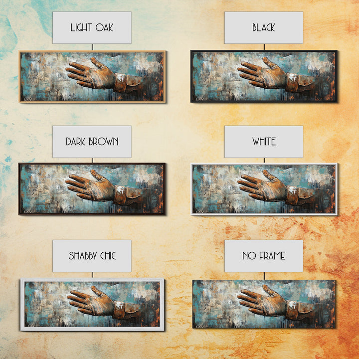 Rustic Leather Glove Art, Framed Canvas Print, Wabi Sabi Wall Art, Moody Art, Teal Wall Art, Extra Wide Art, Farmhouse Art