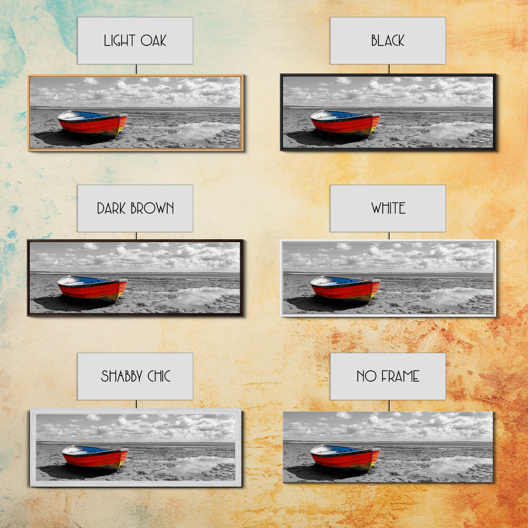 Stranded Boat, Coastal Landscape Art, Nautical Decor, Rustic Wall Art, Extra Wide Art, Panoramic Art, Framed Canvas Print, Gift Idea