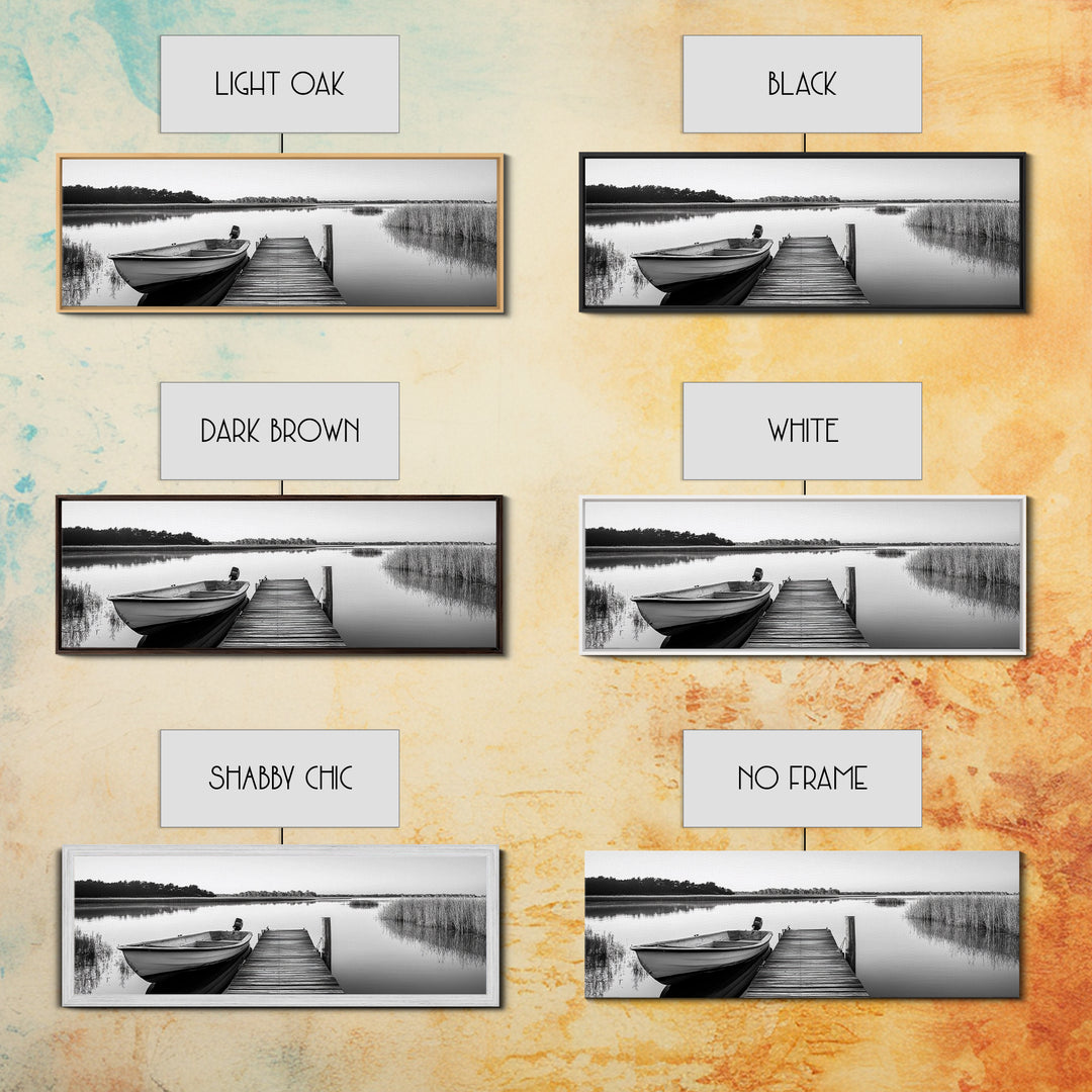 Boat On Dock, Nautical Wall Art, Framed Canvas Print, Coastal Landscape Art, Rustic Decor, Extra Wide Art, Minimalist Art, Bedroom Art