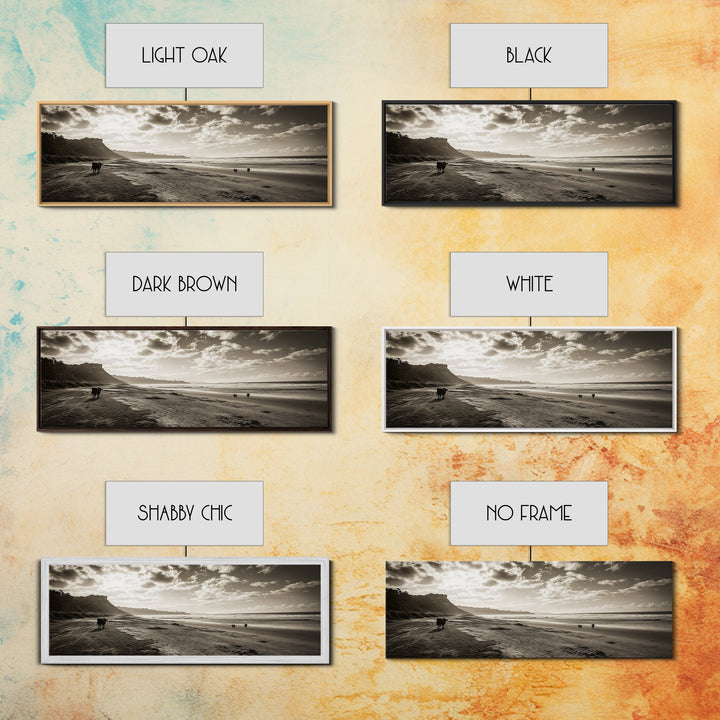 Cattle On Beach, Wabi Sabi Art, Framed Canvas Print, Coastal Landscape Art, Rustic Decor, Extra Wide Art, Moody Art, Minimalist Art