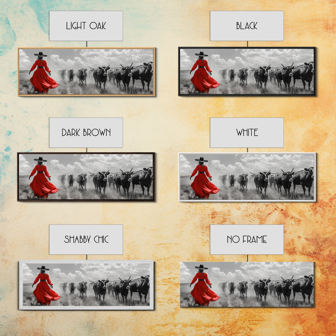 Cowgirl Herding Cattle, Western Art, Ranch Life Art, Black Cowgirl Painting, Rustic Wall Art, Panoramic Art, Canvas Print