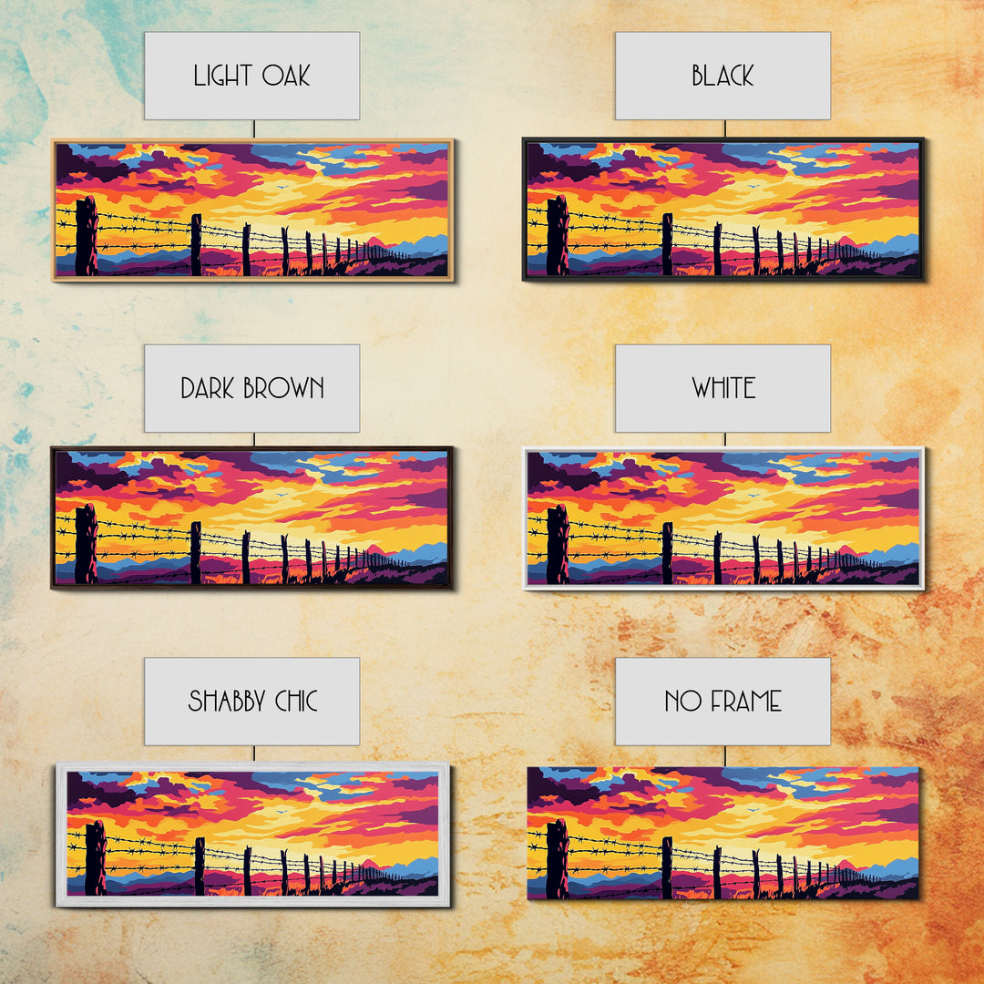 Barbed Wire Fence, southwest wall art, rustic decor, cowboy painting, panoramic art, long narrow wall art, framed canvas print, farmhouse art