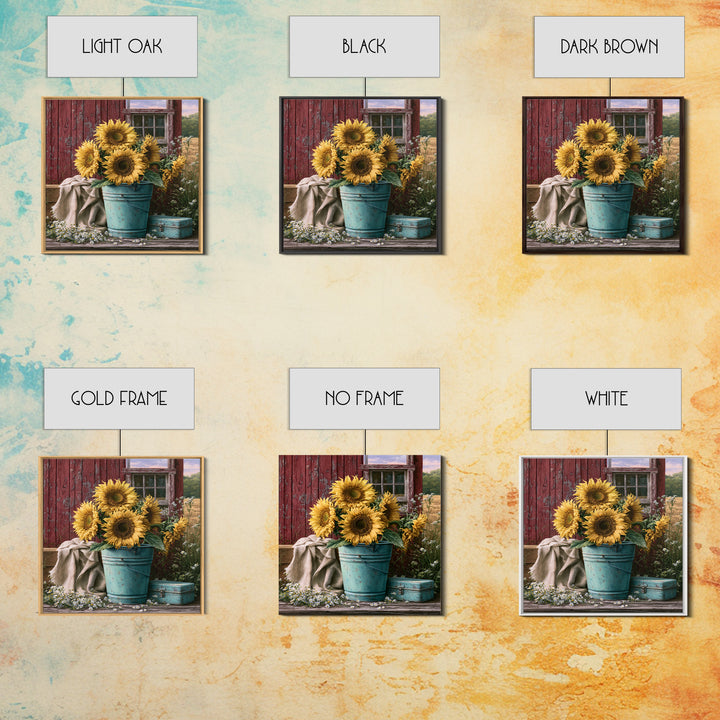 Sunflowers in a Metal Bucket Framed Canvas Print, Rustic Art, Painting, Farmhouse Decor, Oil Painting, Rustic, Boho Wall Art, RUS-1x1-12