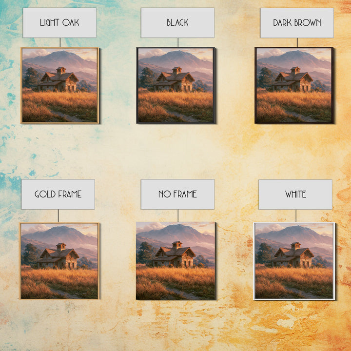 Mountain Cabin Landscape Framed Canvas Print, Rustic Art, Boho Wall Art, Farmhouse Decor, Oil Painting, Rustic, RUS-1x1-27