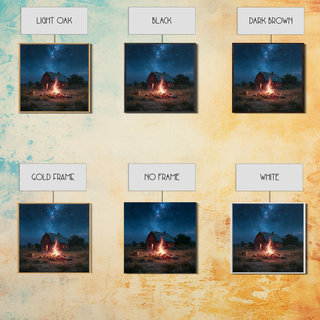 Campfire under a Starry Sky Framed Canvas Print, Rustic Art, Landscape Wall Art, Farmhouse Decor, Watercolor Art, Rustic, RUS-1x1-58