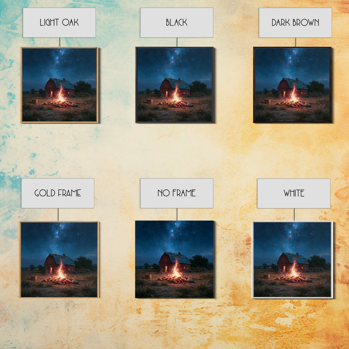 Campfire under a Starry Sky Framed Canvas Print, Rustic Art, Landscape Wall Art, Farmhouse Decor, Watercolor Art, Rustic, RUS-1x1-58