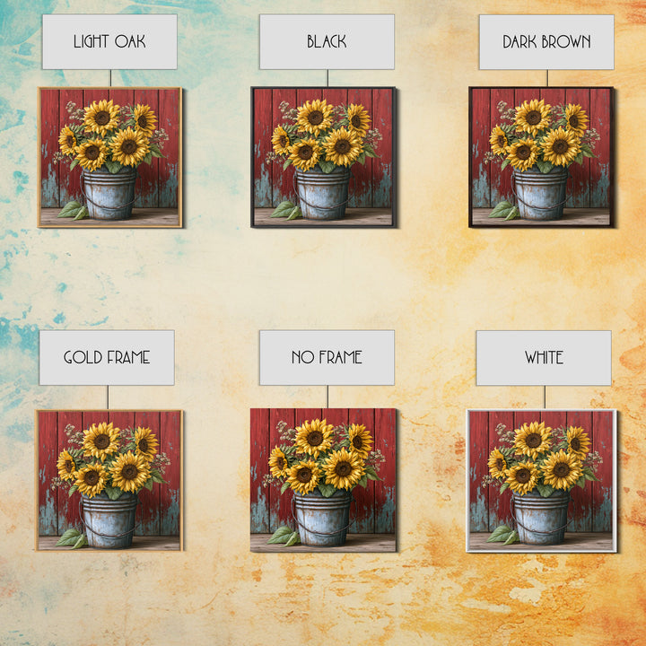 Sunflowers in a Metal Bucket Framed Canvas Print, Rustic Art, Landscape Wall Art, Farmhouse Decor, Rustic, Luxury Decor, RUS-1x1-84