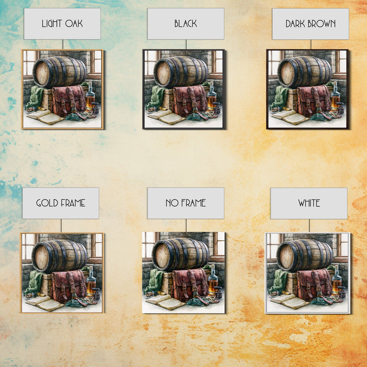 Whiskey Barrel and Leather Still Life Canvas Print, Rustic Art, Boho Decor, Farmhouse Decor, Fine Art, Rustic, Art Print, RUS-1x1-91
