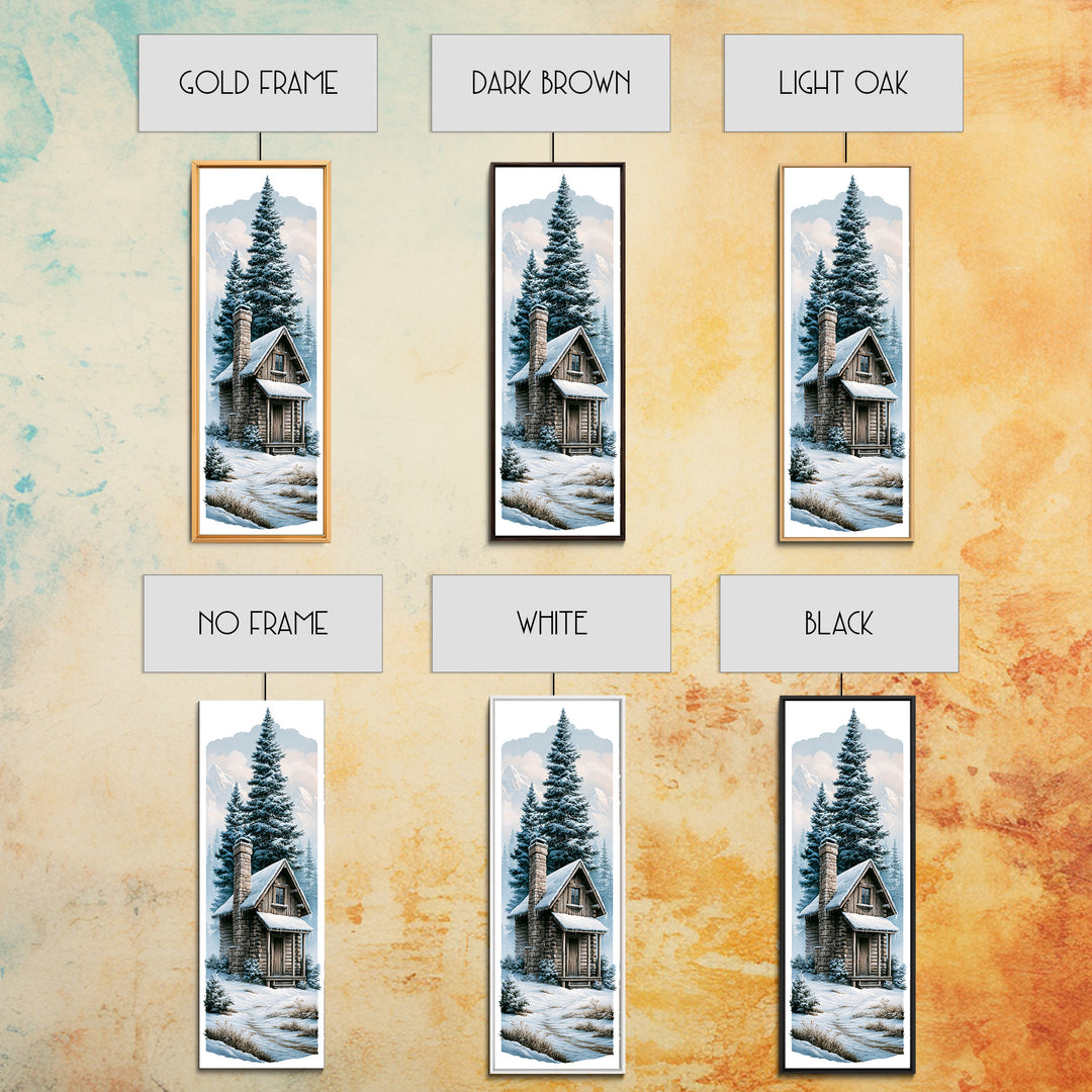 Log Cabin with Snowy Pines Canvas Print, Rustic Art, Boho Wall Art, Farmhouse Decor, Abstract Art, Rustic, Downloadable Art, RUS-1x3-51