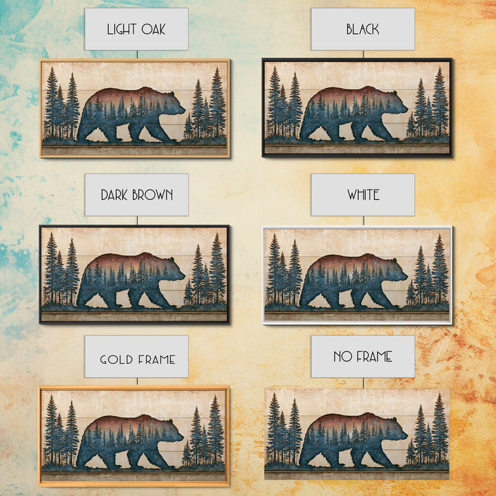 Bear Silhouette Among Pine Trees Framed Canvas Print, Rustic Art, Modern Decor, Farmhouse Decor, Oil Painting, Rustic, RUS-2x1-27