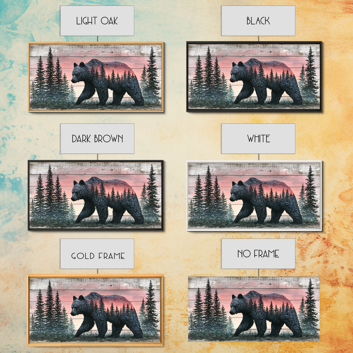 Bear Silhouette Among Pine Trees Framed Canvas Print, Rustic Art, Printable Art, Farmhouse Decor, Rustic, Farmhouse Wall Art, RUS-2x1-3