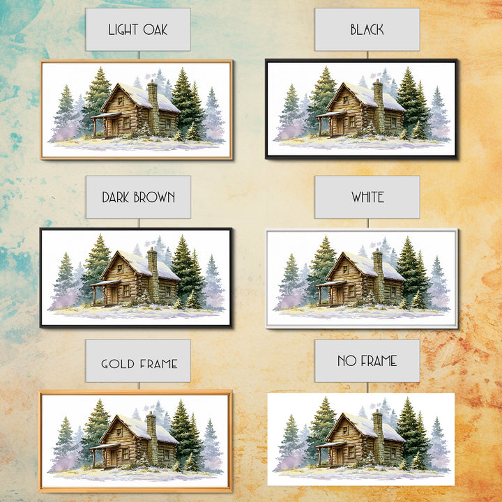 Log Cabin with Snowy Pines Framed Canvas Print, Rustic Art, Farmhouse Decor, Oil Painting, Rustic, Wood Wall Art, RUS-2x1-35