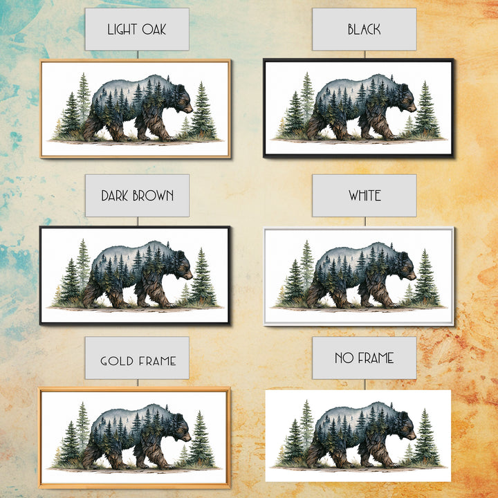 Bear Silhouette Among Pine Trees Framed Canvas Print, Rustic Art, Farmhouse Decor, Watercolor Art, Rustic, Gallery Wall Art, RUS-2x1-51