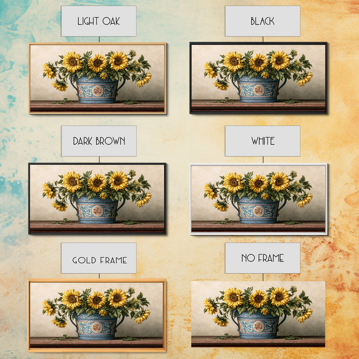 Sunflowers in a Metal Bucket Framed Canvas Print, Rustic Art, 3d Wall Art, Farmhouse Decor, Oil Painting, Rustic, RUS-2x1-80