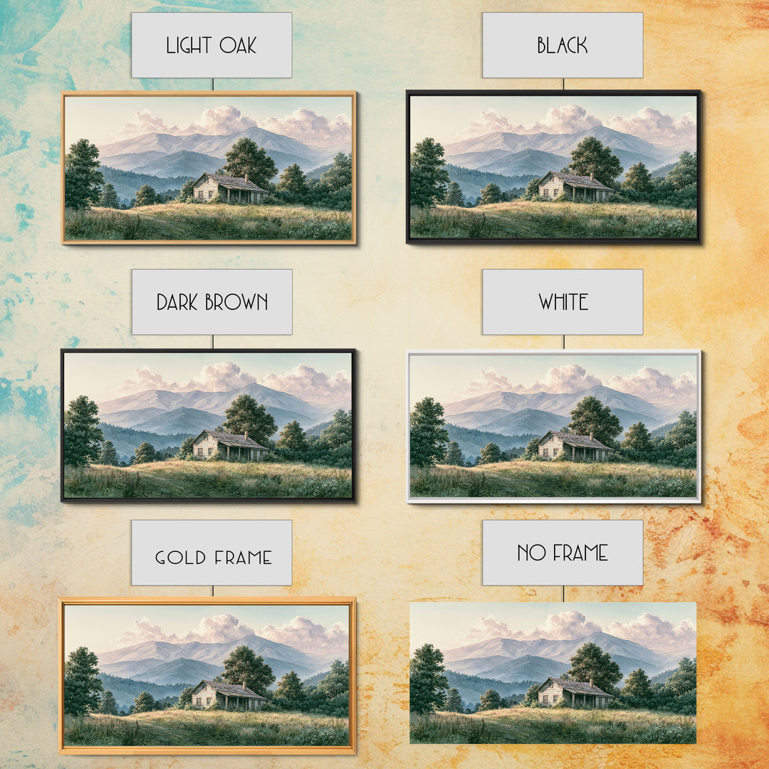 Mountain Cabin Landscape Framed Canvas Print, Rustic Art, Living Room Art, Farmhouse Decor, Oil Painting, Rustic, RUS-2x1-95