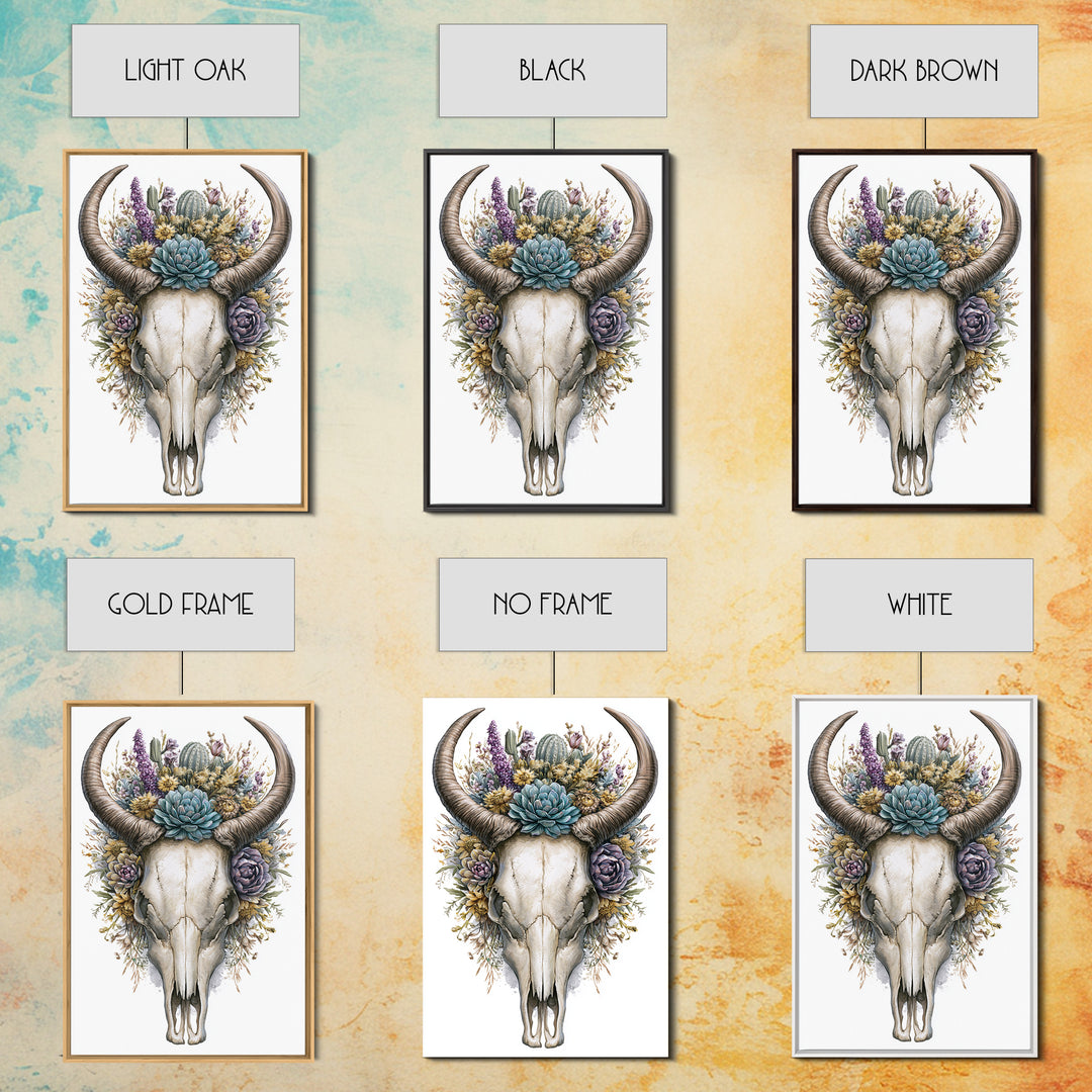Cow Skull with Desert Flowers Framed Canvas Print, Rustic Art, Wall Art, Farmhouse Decor, Oil Painting, Rustic, RUS-2x3-1