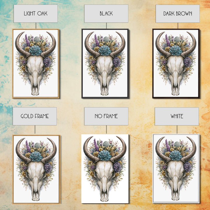 Cow Skull with Desert Flowers Framed Canvas Print, Rustic Art, Wall Art, Farmhouse Decor, Oil Painting, Rustic, RUS-2x3-1