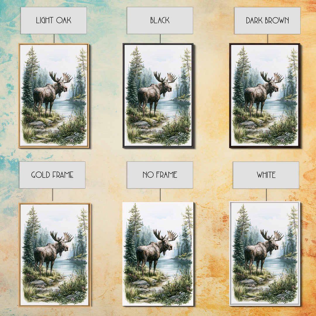 Moose Standing by a Quiet Lake Framed Canvas Print, Rustic Art, Digital Prints, Farmhouse Decor, Fine Art, Rustic, 3d Wall Art, RUS-2x3-17