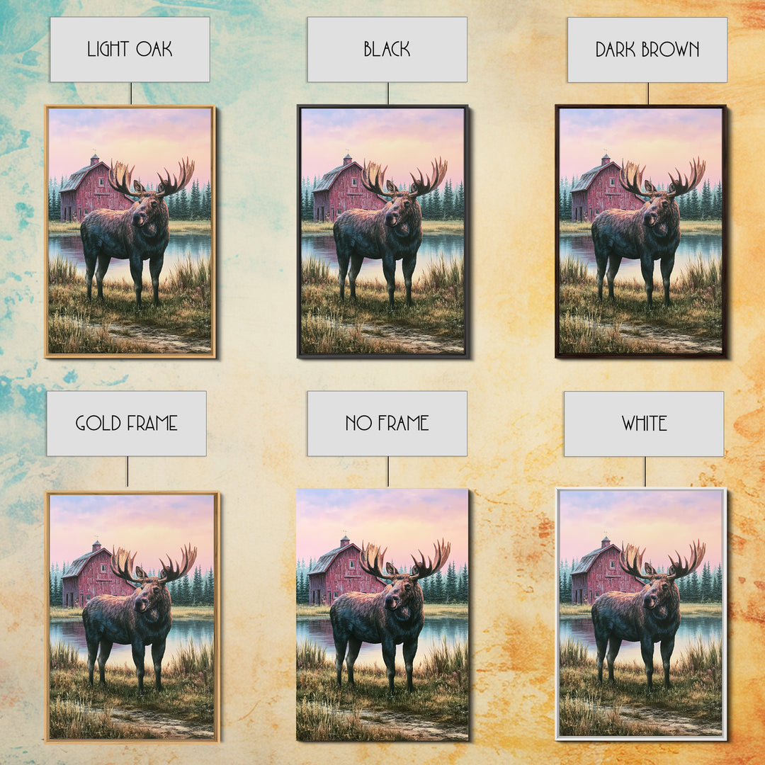 Moose Standing by a Quiet Lake Framed Canvas Print, Rustic Art, Digital Prints, Farmhouse Decor, Fine Art, Rustic, 3d Wall Art, RUS-2x3-41