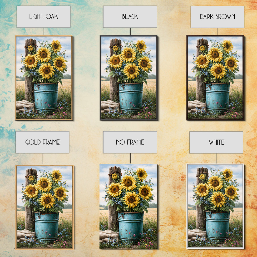 Sunflowers in a Metal Bucket Framed Canvas Print, Rustic Art, Living Room Art, Farmhouse Decor, Watercolor Art, Rustic, RUS-2x3-44