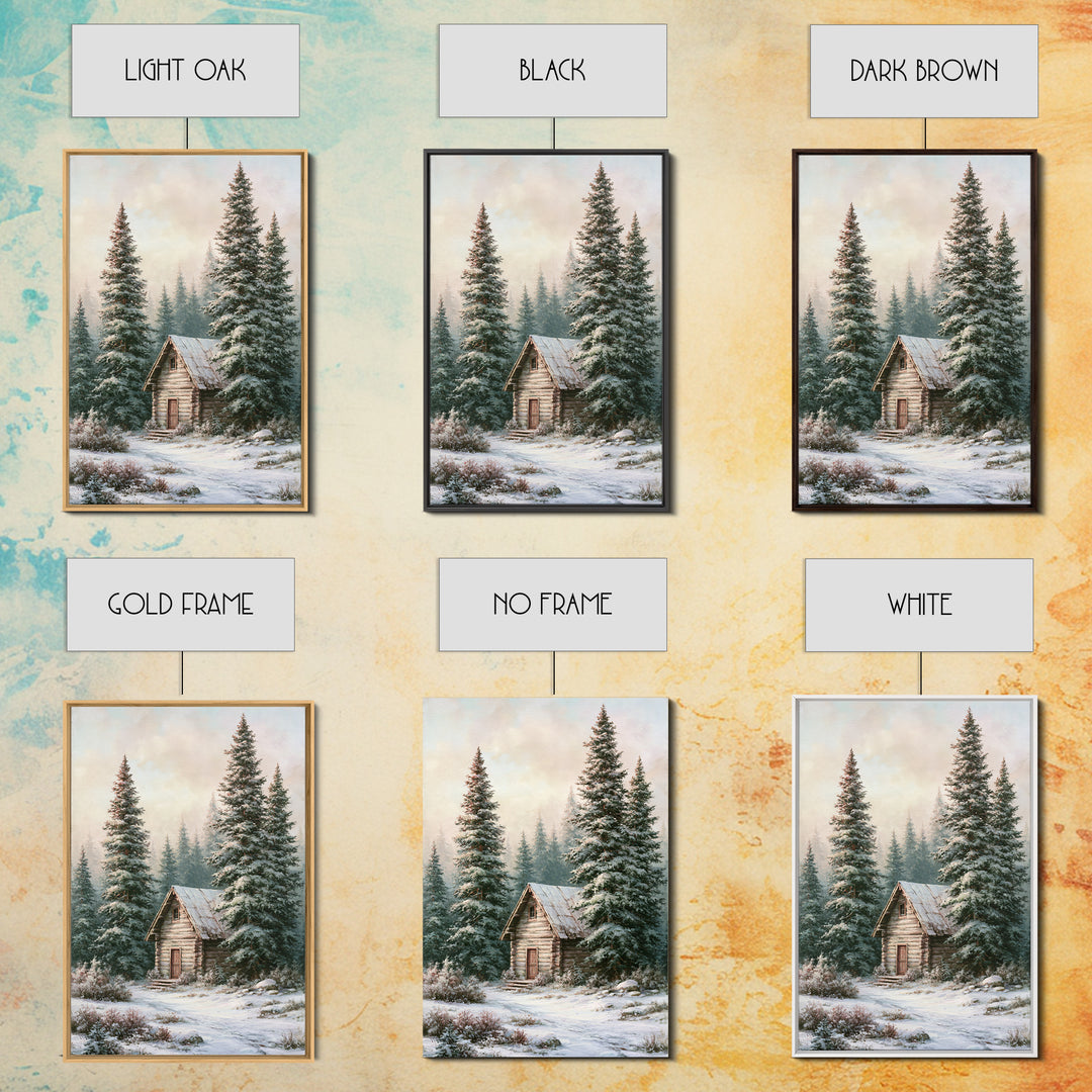 Log Cabin with Snowy Pines Framed Canvas Print, Rustic Art, Wall Art, Farmhouse Decor, Abstract Art, Rustic, Living Room Decor, RUS-2x3-47