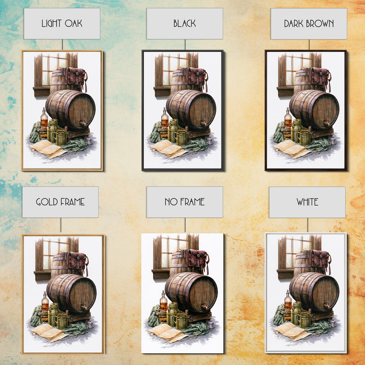 Whiskey Barrel and Leather Still Life Framed Canvas Print, Rustic Art, Room Decor, Farmhouse Decor, Oil Painting, Rustic, RUS-2x3-51