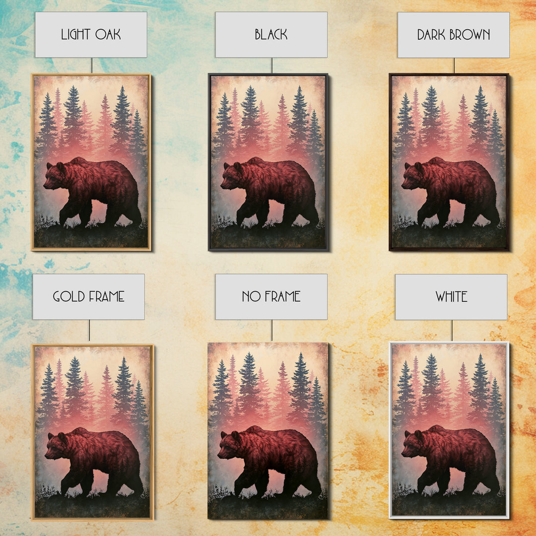 Bear Silhouette Among Pine Trees Framed Canvas Print, Rustic Art, Digital Prints, Farmhouse Decor, Watercolor Art, Rustic, RUS-2x3-63