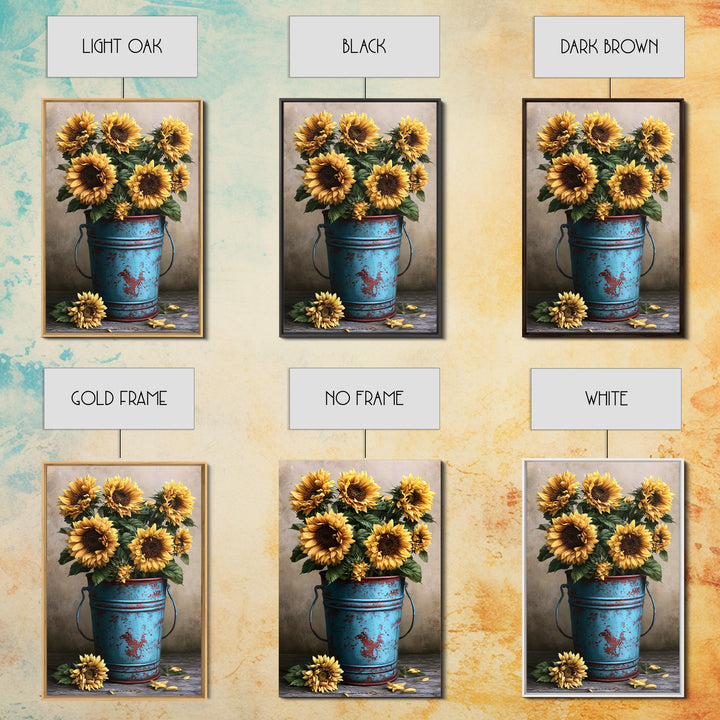 Sunflowers in a Metal Bucket Framed Canvas Print, Rustic Art, Oil Painting, Farmhouse Decor, Rustic, Modern Art, RUS-2x3-68