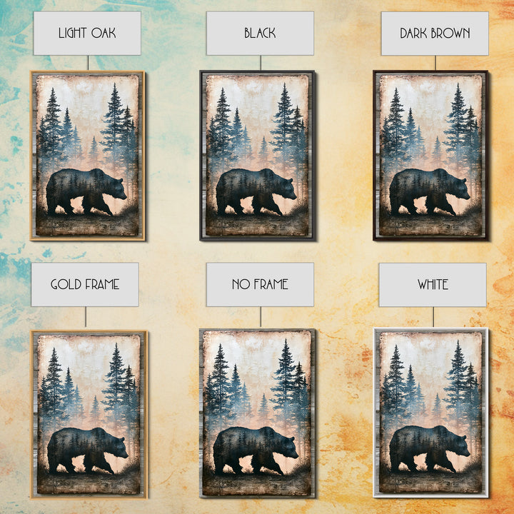 Bear Silhouette Among Pine Trees Framed Canvas Print, Rustic Art, Boho Wall Art, Farmhouse Decor, Rustic, Downloadable Art, RUS-2x3-87