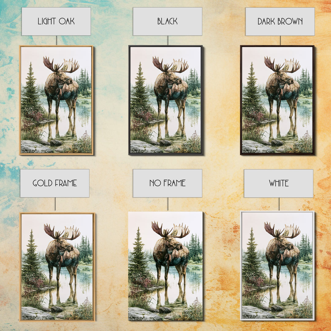 Moose Standing by a Quiet Lake Framed Canvas Print, Rustic Art, Boho Wall Art, Farmhouse Decor, Rustic, Downloadable Art, RUS-2x3-89