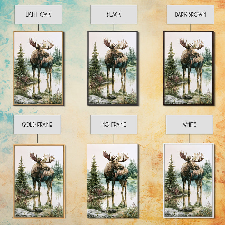 Moose Standing by a Quiet Lake Framed Canvas Print, Rustic Art, Boho Wall Art, Farmhouse Decor, Rustic, Downloadable Art, RUS-2x3-89