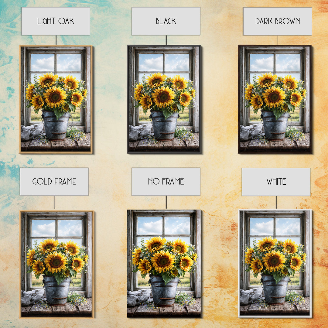 Sunflowers in a Metal Bucket Framed Canvas Print, Rustic Art, Gallery Decor, Farmhouse Decor, Fine Art, Rustic, RUS-2x3-92