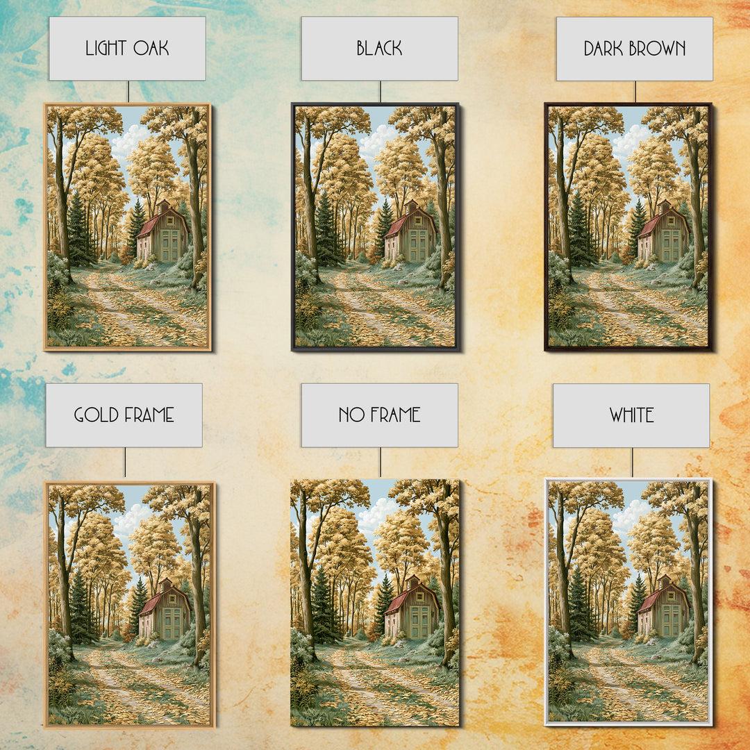Forest Path with Golden Autumn Leaves Framed Canvas Print, Rustic Art, Painting, Farmhouse Decor, Rustic, Boho Wall Art, RUS-2x3-98