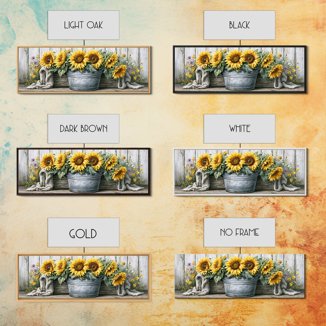 Sunflowers in a Metal Bucket Canvas Print, Rustic Art, Eclectic Wall Art, Farmhouse Decor, Watercolor Art, Rustic, RUS-3x1-4