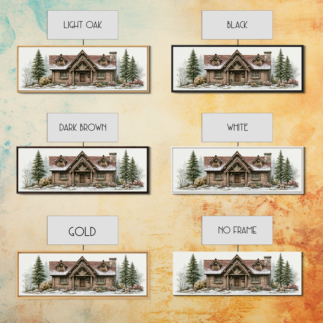 Log Cabin with Snowy Pines Framed Canvas Print, Rustic Art, Printable Art, Farmhouse Decor, Oil Painting, Rustic, RUS-3x1-79