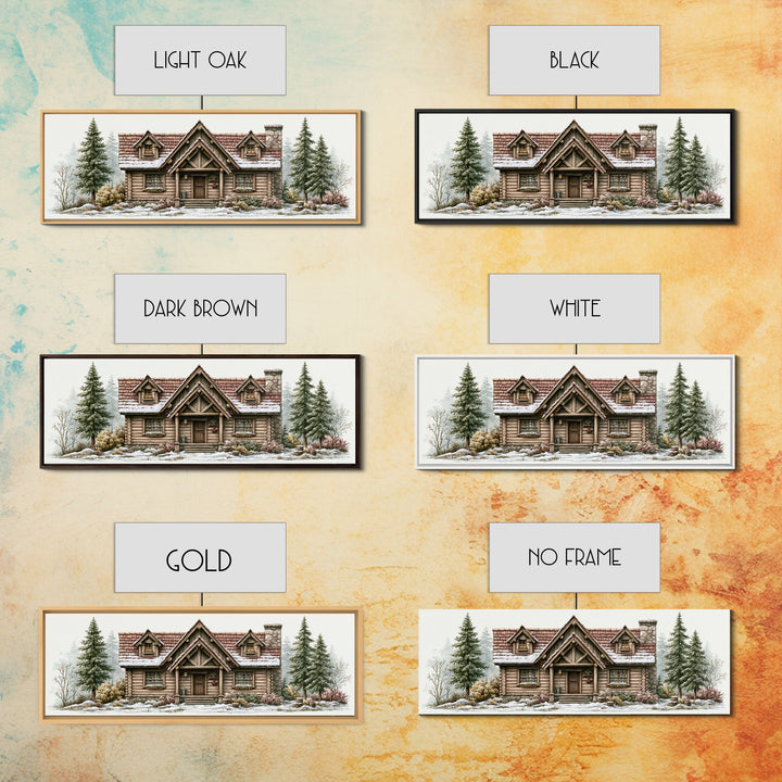 Log Cabin with Snowy Pines Framed Canvas Print, Rustic Art, Printable Art, Farmhouse Decor, Oil Painting, Rustic, RUS-3x1-79