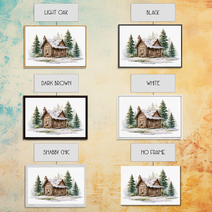 Log Cabin with Snowy Pines Canvas Print, Rustic Art, Textured Painting, Farmhouse Decor, Watercolor Art, Rustic, Digital Print, RUS-3x2-67
