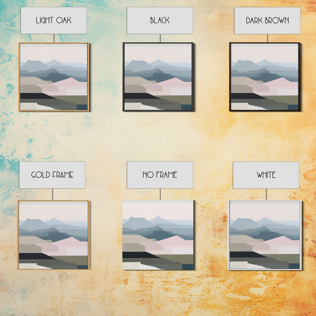 Muted Mountain Layers Framed Canvas Print, Scandinavian Art, Mid Century Modern, Living Room Decor, Oil Painting, Nordic, SCA-1x1-8