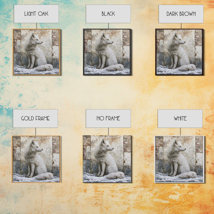 White Fox in Quiet Snow Framed Canvas Print, Scandinavian Art, Living Room Wall Art, Living Room Decor, Abstract Art, Nordic, SCA-1x1-84