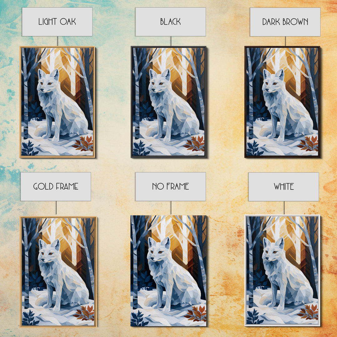 White Fox in Quiet Snow Framed Canvas Print, Scandinavian Art, Boho Wall Decor, Living Room Decor, Oil Painting, Nordic, SCA-2x3-20