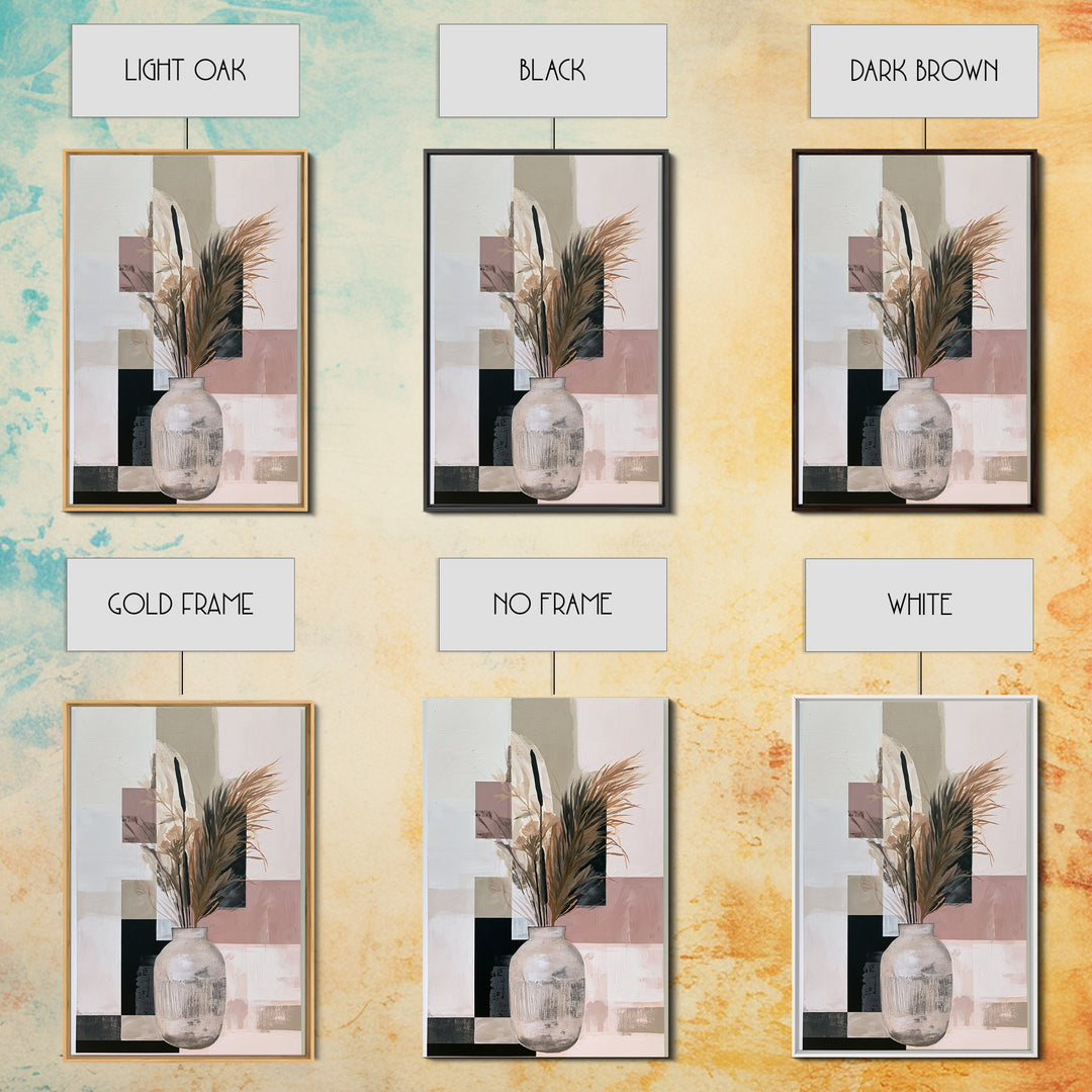 Ceramic Vase with Dried Grasses Framed Canvas Print, Scandinavian Art, Abstract Art, Living Room Decor, Oil Painting, Nordic, SCA-2x3-21